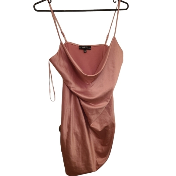 Lovely Day Dresses & Skirts - Lovely Day Ruched Drawstring Cowl Neck Dress Satin Adjustable Straps Baby  Pink